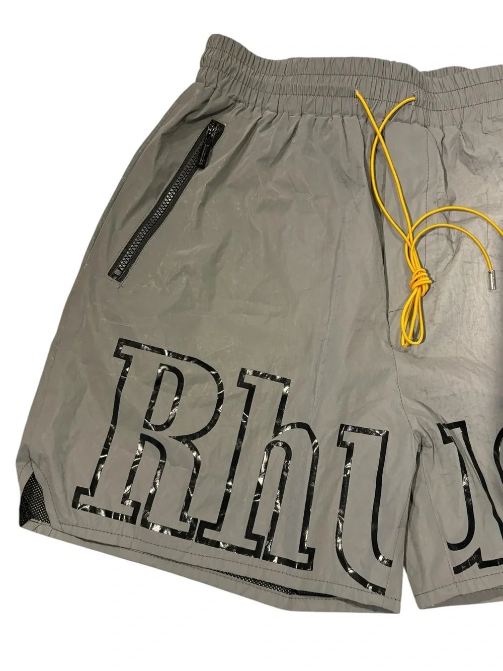 Rhude Men's Gray Logo Swim Shorts with Yellow Drawstring S